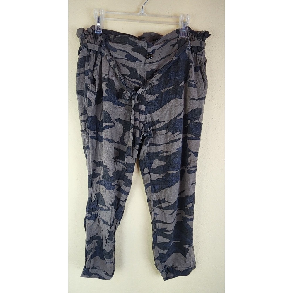 Rewash Camouflage Paperbag Waist Tapered Rayon Pants XL Green Brown Camo Tie